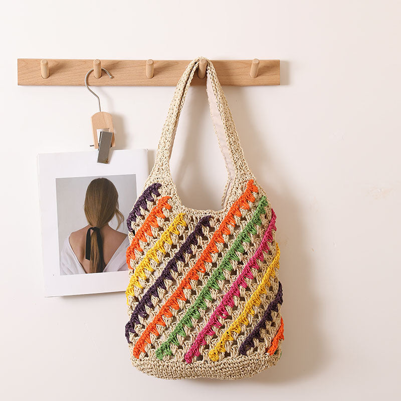 Colorful Striped Shoulder Straw Bag Hollow Out Cutout Woven Bag Vacation Beach Bag Casual Women Bag Bella Mia
